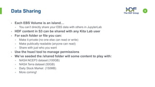 • Each EBS Volume is an island…
• You can’t directly share your EBS data with others in JupyterLab
• HDF content in S3 can be shared with any Kita Lab user
• For each folder or file you can:
• Make it private (no one else can read or write)
• Make publically readable (anyone can read)
• Share with just who you want
• Use the hsacl tool to manage permissions
• We’ve seeded the /shared folder will some content to play with:
• NASA NCEP3 dataset (100GB)
• NASA Terra dataset (50GB)
• Daily Stock Market (150MB)
• More coming!
9Data Sharing
 