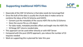 Supporting traditional HDF5 files 1
0
• Downside of the HDF S3 Schema is that data needs be transmogrified
• Since the bulk of the data is usually the chunk data it makes sense to
combine the ideas of the S3 Schema and S3VFD:
• Convert just the metadata of the source HDF5 file to the S3 Schema
• Store the source file as a S3 object
• For data reads, metadata provides offset and length into the HDF5 file
• S3 Range GET returns needed data
• This approach can be used either directly or with HDF Server
• Compared with the pure S3VFD approach, you reduce the number of S3
requests needed
• Work on supporting this is planned for later this year
 