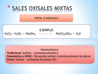 *
EJEMPLO:
H2CO3 + H2SO4 + Pb(OH)4 Pb(CO3)(SO4) + H2O
Nomenclatura:
Tradicional: Sulfato – carbonato plúmbico
Sistemática o IUPAC: Tetraóxido sulfato trioxidocarbonato de plomo
Stock: Sulfato – carbonato de plomo (IV)
1METAL (2 RADICALES)
 