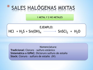 *
EJEMPLO:
HCl + H2S + Sn(OH)4 SnSCl2 + H2O
Nomenclatura:
Tradicional: Cloruro – sulfuro estánico
Sistemática o IUPAC: Dicloruro sulfuro de estaño
Stock: Cloruro – sulfuro de estaño (IV)
1 METAL Y 2 NO METALES
 