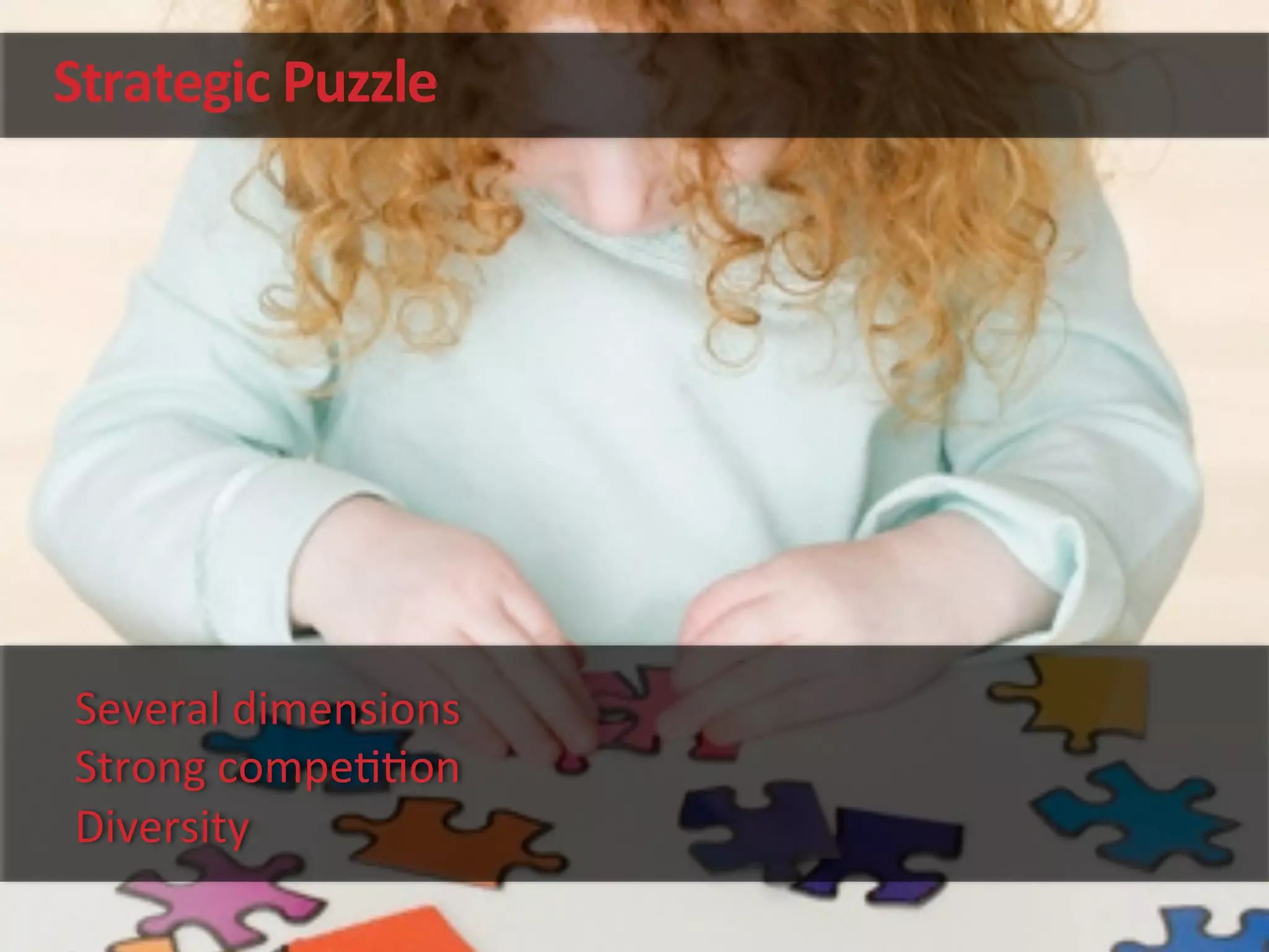 Strategic	
  Puzzle	
  
Several	
  dimensions	
  
Strong	
  compe''on	
  
Diversity	
  
 