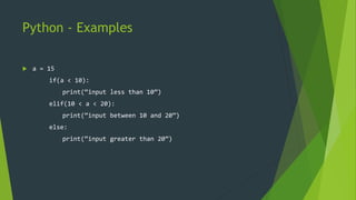 Python - Examples
 a = 15
if(a < 10):
print(“input less than 10”)
elif(10 < a < 20):
print(“input between 10 and 20”)
else:
print(“input greater than 20”)
 