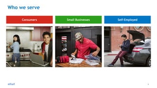 3
Who we serve
Consumers Small Businesses Self-Employed
 