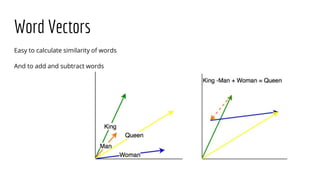 Word Vectors
Easy to calculate similarity of words
And to add and subtract words
 