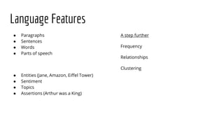 Language Features
● Paragraphs
● Sentences
● Words
● Parts of speech
● Entities (Jane, Amazon, Eiffel Tower)
● Sentiment
● Topics
● Assertions (Arthur was a King)
A step further
Frequency
Relationships
Clustering
 