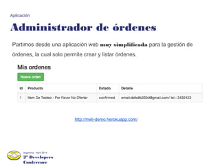 2º Developers
Conference
Argentina - Abril 2014
Administrador de órdenes
Aplicación
Partimos desde una aplicación web muy simplificada para la gestión de
órdenes, la cual solo permite crear y listar órdenes.
http://meli-demo.herokuapp.com/
 