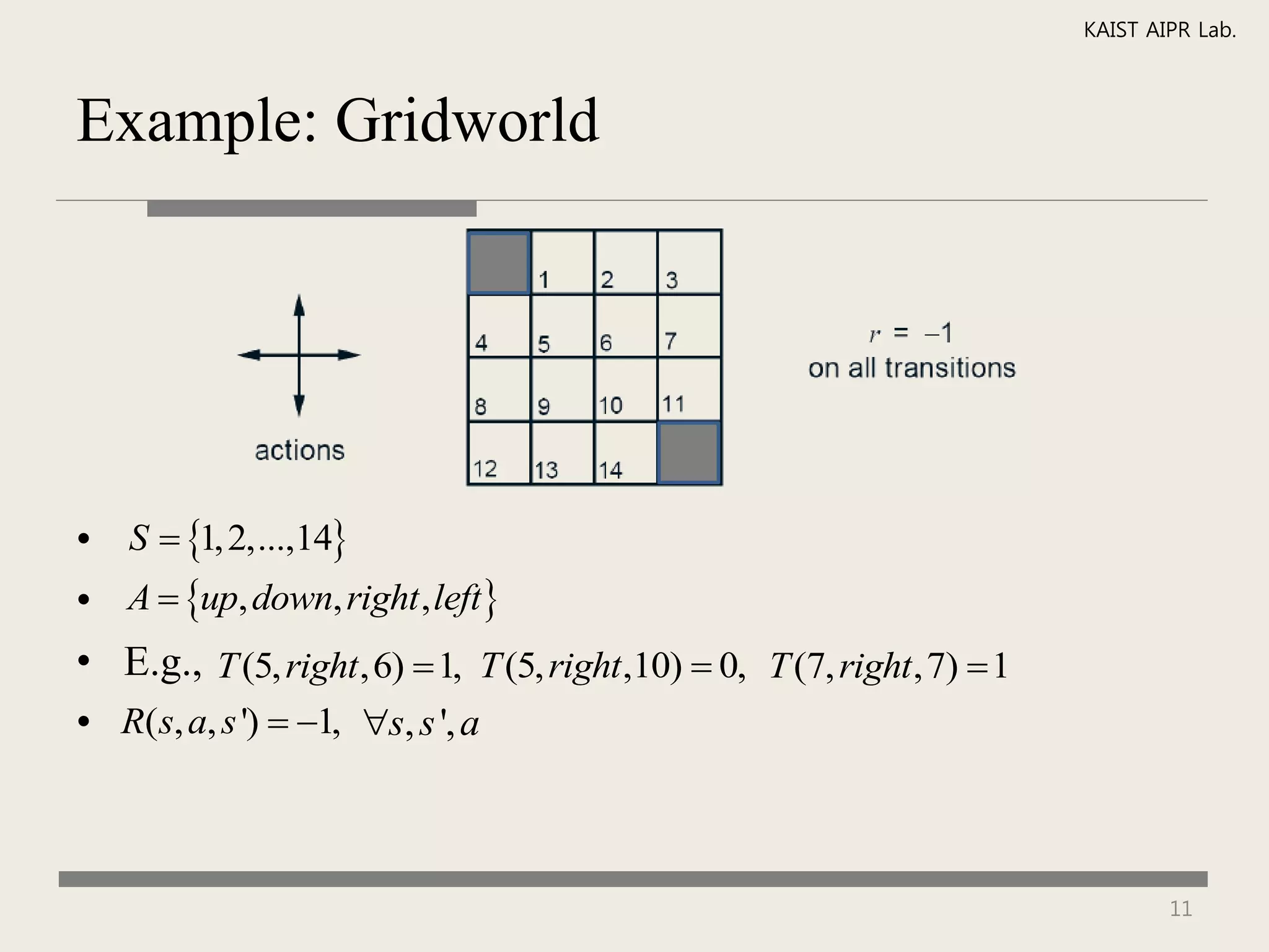 KAIST AIPR Lab.



Example: Gridworld




•   S  1, 2,...,14
•   A  up, down, right , left
•   E.g., T (5, right ,6)  1, T (5, right ,10)  0, T (7, right ,7)  1
•   R(s, a, s ')  1, s, s ', a



                                                                                   11
 