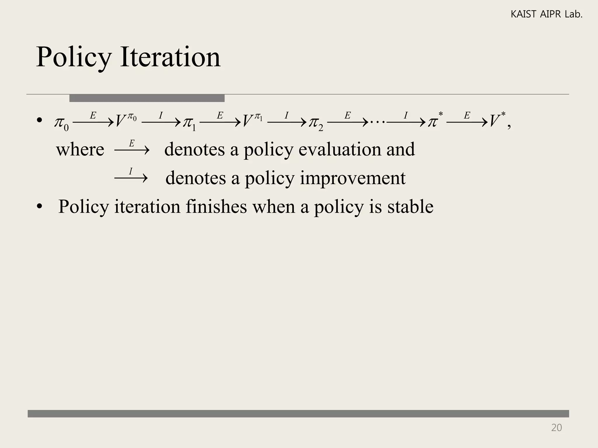 KAIST AIPR Lab.



Policy Iteration

•  0  V   1  V    2    *  V * ,
       E
          0    I
                       E1
                              I
                                      E
                                              I
                                                   E
                                                      
  where  denotes a policy evaluation and
            E
              
            denotes a policy improvement
            I
              
• Policy iteration finishes when a policy is stable




                                                              20
 