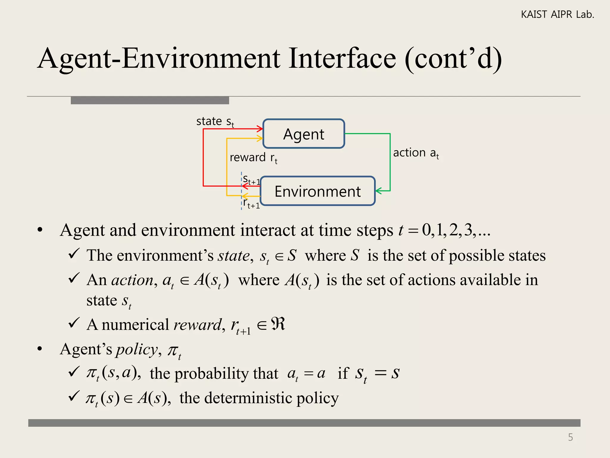 KAIST AIPR Lab.



Agent-Environment Interface (cont’d)
                       state st
                                           Agent
                              reward r t                action at

                                  st+1
                                          Environment
                                  r t+1

• Agent and environment interact at time steps t  0,1, 2,3,...
    The environment’s state, st  S where S is the set of possible states
    An action, at  A(st ) where A( st ) is the set of actions available in
     state st
    A numerical reward, rt 1 
• Agent’s policy,  t
     t ( s, a), the probability that at  a if st  s
     t (s)  A(s), the deterministic policy

                                                                                 5
 