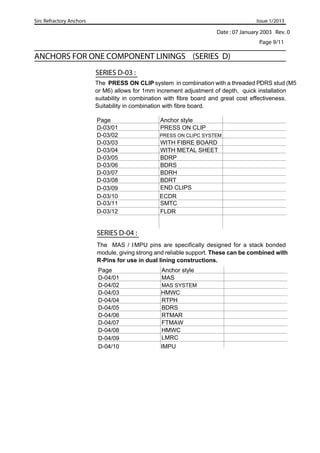Date : 07 January 2003 Rev. 0
Sirc Refractory Anchors Issue 1/2013
ANCHORS FOR ONE COMPONENT LININGS (SERIES D)
Page 9/11
SERIES D-03 :
Page Anchor style
D-03/01 PRESS ON CLIP
D-03/02 PRESS ON CLIPC SYSTEM
D-03/03 WITH FIBRE BOARD
D-03/04 WITH METAL SHEET
D-03/05 BDRP
D-03/06 BDRS
D-03/07 BDRH
D-03/08 BDRT
D-03/09 END CLIPS
D-03/10 ECDR
D-03/11 SMTC
D-03/12 FLDR
SERIES D-04 :
Page Anchor style
D-04/01 MAS
D-04/02 MAS SYSTEM
D-04/03 HMWC
D-04/04 RTPH
D-04/05 BDRS
D-04/06 RTMAR
D-04/07 FTMAW
D-04/08 HMWC
D-04/09 LMRC
The PRESS ON CLIP system in combination with a threaded PDRS stud (M5
or M6) allows for 1mm increment adjustment of depth, quick installation
suitability in combination with fibre board and great cost effectiveness.
Suitability in combination with fibre board.
The MAS / IMPU pins are specifically designed for a stack bonded
module, giving strong and reliable support. These can be combined with
R-Pins for use in dual lining constructions.
D-04/10 IMPU
 