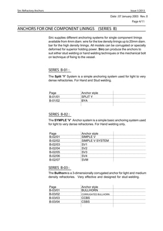 Date : 07 January 2003 Rev. 0
Sirc Refractory Anchors Issue 1/2013
ANCHORS FOR ONE COMPONENT LININGS (SERIES B)
Sirc supplies different anchoring systems for single component linings
available from 4mm diam. wire for the low density linings up to 20mm diam.
bar for the high density linings. All models can be corrugated or specially
deformed for superior holding power. Sirccan produce the anchors to
suit either stud welding or hand welding techniques or the mechanical bolt
on technique of fixing to the vessel.
SERIES B-02 :
Page 4/11
Page Anchor style
B-02/01 SIMPLE V
B-02/02 SIMPLE V SYSTEM
B-02/03 SV1
B-02/04 SV2
B-02/05 SV3
B-02/06 SV4
B-02/07 SVM
SERIES B-01 :
Page Anchor style
B-01/01 SPLIT Y
B-01/02 BYA
SERIES B-03 :
Page Anchor style
B-03/01 BULLHORN
B-03/02 CORRUGATED BULLHORN
B-03/03 CCBS
B-03/04 CSBS
The Split ’Y’ System is a simple anchoring system used for light to very
dense refractories. For Hand and Stud welding.
The SYMPLE ’V’ Anchor system is a simple basic anchoring system used
for light to very dense refractories. For Hand welding only.
The Bullhorn is a 3-dimensionally corrugated anchor for light and medium
density refractories. Very effective and designed for stud welding.
 