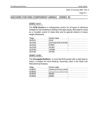 Date : 07 January 2003 Rev. 0
Sirc Refractory Anchors Issue 1/2013
ANCHORS FOR ONE COMPONENT LININGS (SERIES B)
Page 6/11
SERIES B-08 :
Page Anchor style
B-08/01 CORRUGATED BULLHORN
B-08/02 CORRUGATE BULLHORN SYSTEM
SERIES B-07 :
Page Anchor style
B-07/01 HTW
B-07/02 HTW ANCHOR SYSTEM
B-07/03
B-07/04 HTWU
B-07/05 HTWM
HTWA
B-08/03 MCBH
B-08/04 MSBH
The HTW Anchoris a multipurpose anchor for all types of refractory.
Suitable for hand welding or bolting to the steel casing. Also ideal for using
as a ’movable’ anchor in rotary kilns and for general medium to heavy
weight refractories.
B-07/06 HTWS
The Corrugated Bullhorn is much like B-03 except with a wide base to
make it suitable for hand welding. Generally used in the Steel and
Petrochemical Industry.
 