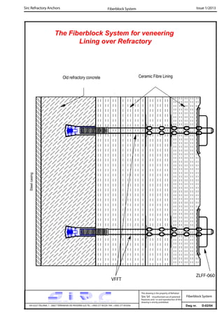 Sirc Refractory Anchors Issue 1/2013
Dwg nr. D-02/04VIA GULF ITALIANA, 1 - 26827 TERRANOVA DEI PASSERINI (LO) TEL. +39(0) 377 85329 FAX. +39(0) 377 855056
This drawing is the property of Refrattari
Sirc Srl. Unauthorised use of patented
feautures and / or and reproduction of this
drawing is strictly prohibited.
Fiberblock System
Fiberblock System
The Fiberblock System for veneering
Lining over Refractory
VFFT
Old refractory concrete
ZLFF-060
Steelcasing
Ceramic Fibre Lining
 
