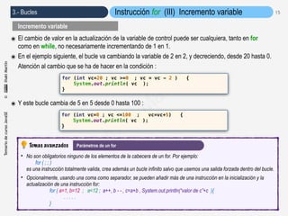TemariodecursoJavaSE©IñakiMartín
3.- Bucles
©
Iñaki Martín
15
๏ El cambio de valor en la actualización de la variable de control puede ser cualquiera, tanto en for
como en while, no necesariamente incrementando de 1 en 1.
๏ En el ejemplo siguiente, el bucle va cambiando la variable de 2 en 2, y decreciendo, desde 20 hasta 0.
Atención al cambio que se ha de hacer en la condición :
๏ Y este bucle cambia de 5 en 5 desde 0 hasta 100 :
Instrucción for (III) Incremento variable
Incremento variable
for (int vc=0 ; vc <=100 ; vc=vc+5) {
System.out.println( vc );
}
for (int vc=20 ; vc >=0 ; vc = vc - 2 ) {
System.out.println( vc );
}
• No son obligatorios ninguno de los elementos de la cabecera de un for. Por ejemplo:
for ( ; ; )
es una instrucción totalmente valida, crea además un bucle infinito salvo que usemos una salida forzada dentro del bucle.
• Opcionalmente, usando una coma como separador, se pueden añadir más de una instrucción en la inicialización y la
actualización de una instrucción for:
for ( a=1, b=12 ; a<12 ; a++, b - - , c=a+b , System.out.println(“valor de c”+c ){
. . . . .
}
Parámetros de un forTemas avanzados
 