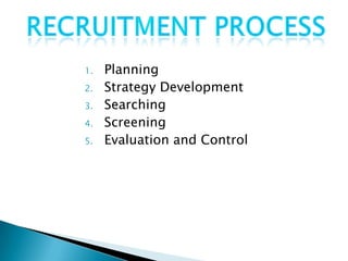 1.   Planning
2.   Strategy Development
3.   Searching
4.   Screening
5.   Evaluation and Control
 