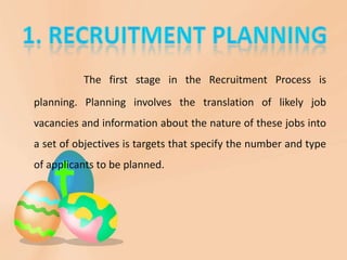 The first stage in the Recruitment Process is
planning. Planning involves the translation of likely job
vacancies and information about the nature of these jobs into
a set of objectives is targets that specify the number and type
of applicants to be planned.
 