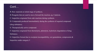 Cont…
A: Raw materials at initial stage of synthesis.
B: Reagents that are used to move forward the reaction, eg. Catalysts.
C: Impurities originated from side reactions during synthesis.
D: Compounds produced intermediately during the synthesis of required compound
(drug substance).
E: Therapeutically active compound.
F: Impurities originated from thermolytic, photolytic, hydrolytic degradation of drug
Substance.
G: Impurities formed due to excipient incompatibility, wet granulation, compression &
Impurities under category f.
 