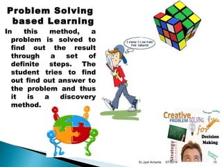 Problem Solving
based Learning
In this method, a
problem is solved to
find out the result
through a set of
definite steps. The
student tries to find
out find out answer to
the problem and thus
it is a discovery
method.
07/30/14 15Dr.Jyoti Achanta
 