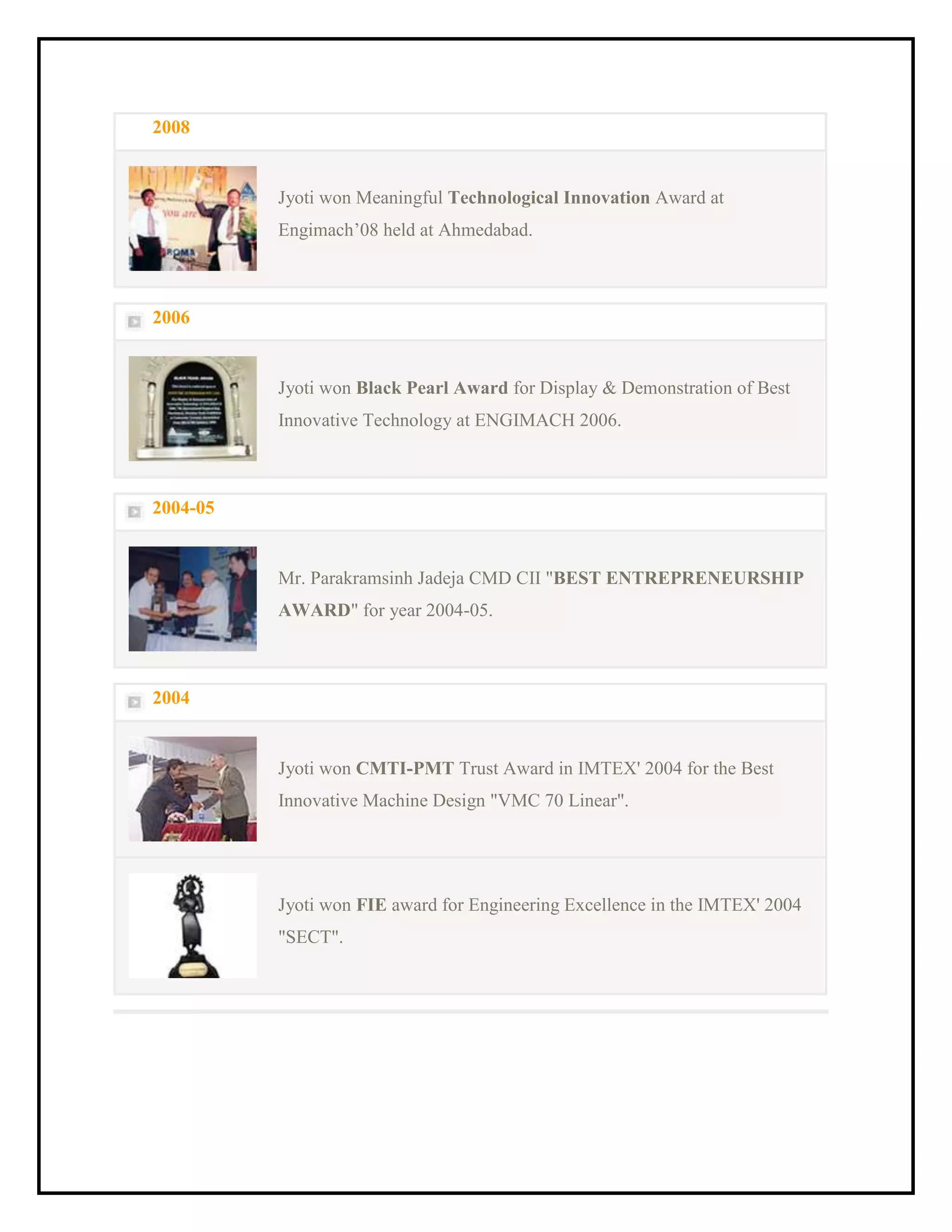 2008
Jyoti won Meaningful Technological Innovation Award at
Engimach’08 held at Ahmedabad.
2006
Jyoti won Black Pearl Award for Display & Demonstration of Best
Innovative Technology at ENGIMACH 2006.
2004-05
Mr. Parakramsinh Jadeja CMD CII "BEST ENTREPRENEURSHIP
AWARD" for year 2004-05.
2004
Jyoti won CMTI-PMT Trust Award in IMTEX' 2004 for the Best
Innovative Machine Design "VMC 70 Linear".
Jyoti won FIE award for Engineering Excellence in the IMTEX' 2004
"SECT".
 