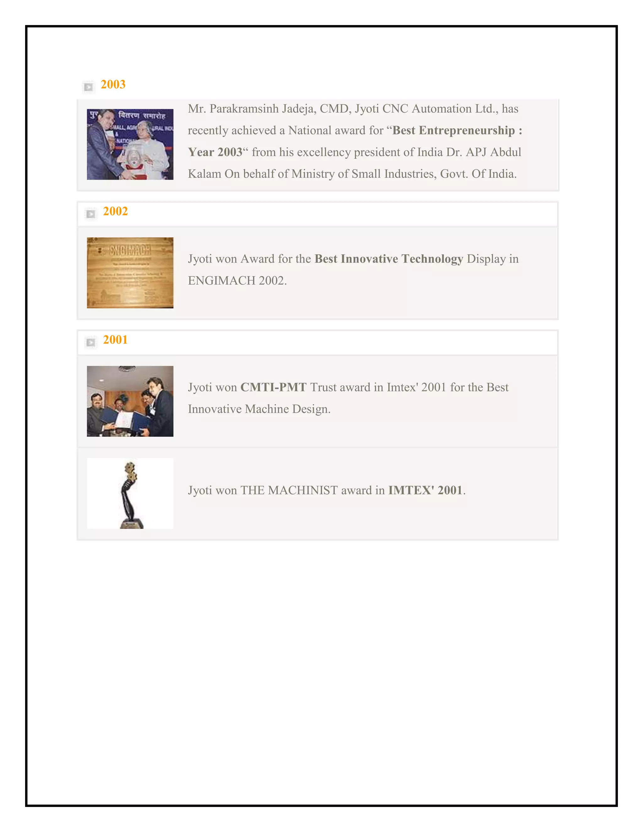 Mr. Parakramsinh Jadeja, CMD, Jyoti CNC Automation Ltd., has
recently achieved a National award for “Best Entrepreneurship :
Year 2003“ from his excellency president of India Dr. APJ Abdul
Kalam On behalf of Ministry of Small Industries, Govt. Of India.
2003
2002
Jyoti won Award for the Best Innovative Technology Display in
ENGIMACH 2002.
2001
Jyoti won CMTI-PMT Trust award in Imtex' 2001 for the Best
Innovative Machine Design.
Jyoti won THE MACHINIST award in IMTEX' 2001.
 