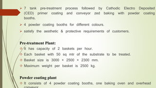  7 tank pre-treatment process followed by Cathodic Electro Deposited 
(CED) primer coating and conveyor zed baking with powder coating 
booths. 
 4 powder coating booths for different colours. 
 satisfy the aesthetic & protective requirements of customers. 
Pre-treatment Plant: 
 It has capacity of 2 baskets per hour. 
 Each basket with 50 sq mtr of the substrate to be treated. 
 Basket size is 3000 × 2500 × 2300 mm. 
 Maximum weight per basket is 2500 kg. 
Powder coating plant 
 It consists of 4 powder coating booths, one baking oven and overhead 
conveyor. 
 