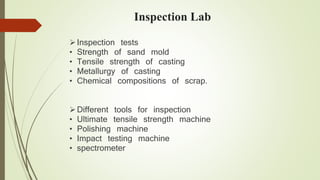Inspection Lab 
 Inspection tests 
• Strength of sand mold 
• Tensile strength of casting 
• Metallurgy of casting 
• Chemical compositions of scrap. 
 Different tools for inspection 
• Ultimate tensile strength machine 
• Polishing machine 
• Impact testing machine 
• spectrometer 
 