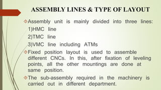 ASSEMBLY LINES & TYPE OF LAYOUT 
Assembly unit is mainly divided into three lines: 
1)HMC line 
2)TMC line 
3)VMC line including ATMs 
Fixed position layout is used to assemble 
different CNCs. In this, after fixation of leveling 
points, all the other mountings are done at 
same position. 
The sub-assembly required in the machinery is 
carried out in different department. 
 