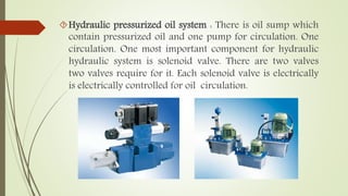 Hydraulic pressurized oil system : There is oil sump which 
contain pressurized oil and one pump for circulation. One 
circulation. One most important component for hydraulic 
hydraulic system is solenoid valve. There are two valves 
two valves require for it. Each solenoid valve is electrically 
is electrically controlled for oil circulation. 
 