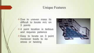 Unique Features 
 Due to uneven mass its 
difficult to locate m/c on 
3 points 
 4 point location is tedious 
and requires patience 
 Easy to locate on 3 point 
moreover leads to no 
stress or twisting 
 