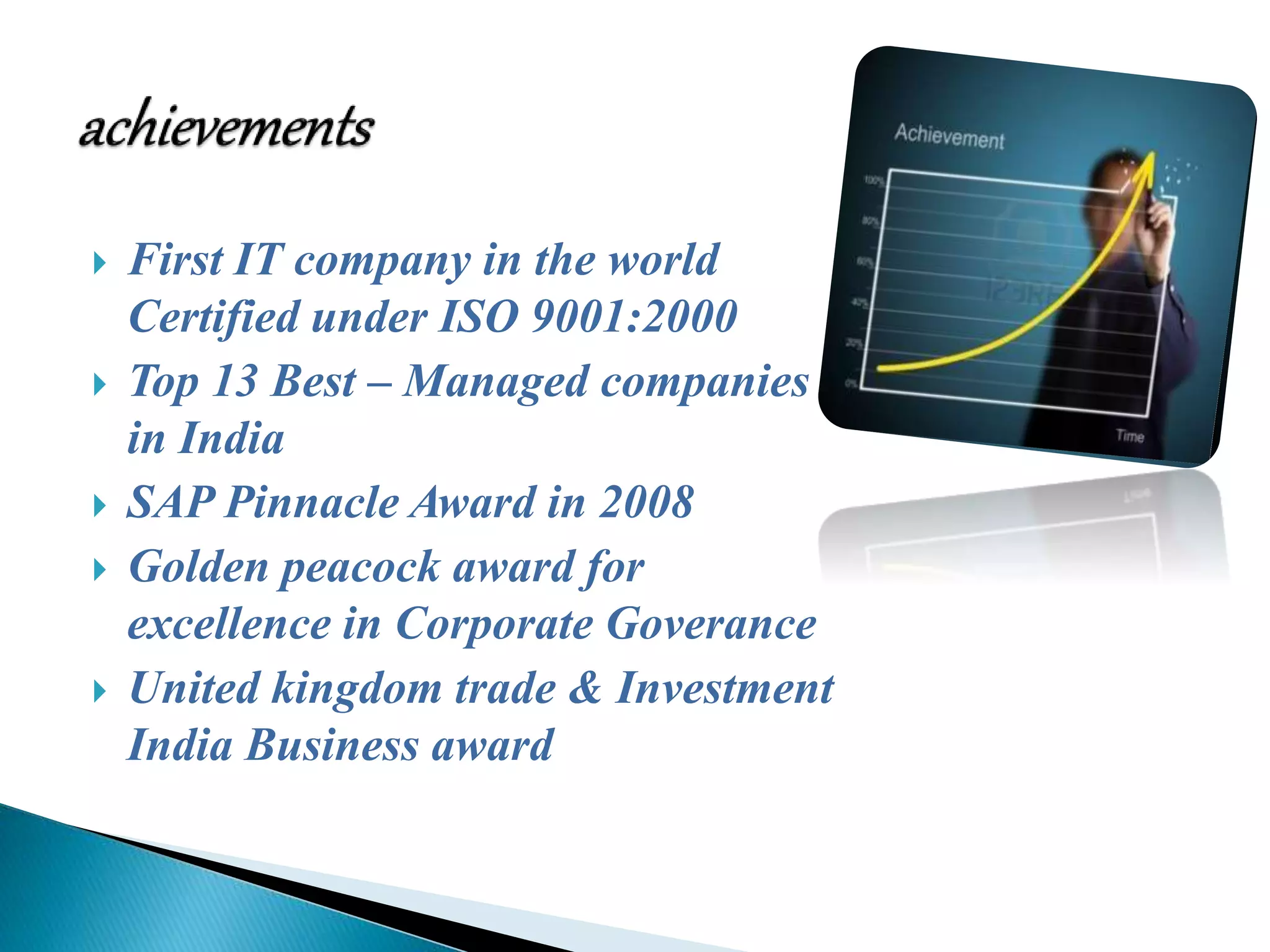  First IT company in the world
Certified under ISO 9001:2000
 Top 13 Best – Managed companies
in India
 SAP Pinnacle Award in 2008
 Golden peacock award for
excellence in Corporate Goverance
 United kingdom trade & Investment
India Business award
 
