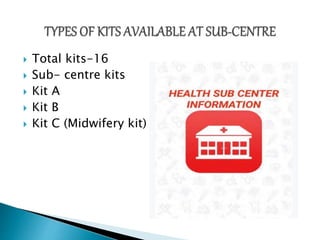  Total kits-16
 Sub- centre kits
 Kit A
 Kit B
 Kit C (Midwifery kit)
 