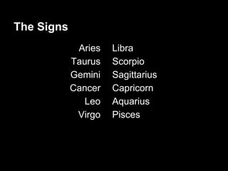 The Signs 
Libra 
Scorpio 
Sagittarius 
Capricorn 
Aquarius 
Pisces 
Aries 
Taurus 
Gemini 
Cancer 
Leo 
Virgo 
 