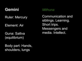 Gemini 
Ruler: Mercury 
Element: Air 
Guna: Sattva 
(equilibrium) 
Body part: Hands, 
shoulders, lungs 
Mithuna 
Communication and 
siblings. Learning. 
Short trips. 
Messengers and 
media. Intellect. 
 