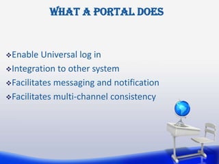 What a Portal Does


Enable  Universal log in
Integration to other system

Facilitates messaging and notification

Facilitates multi-channel consistency
 