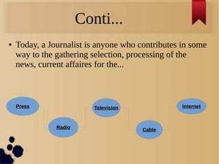Conti...
● Today, a Journalist is anyone who contributes in some
way to the gathering selection, processing of the
news, current affaires for the...
Press Television
CableRadio
Internet
 