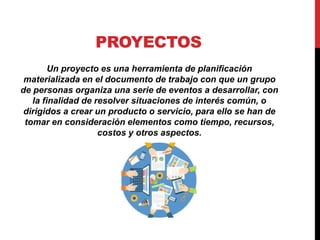 PROYECTOS
Un proyecto es una herramienta de planificación
materializada en el documento de trabajo con que un grupo
de personas organiza una serie de eventos a desarrollar, con
la finalidad de resolver situaciones de interés común, o
dirigidos a crear un producto o servicio, para ello se han de
tomar en consideración elementos como tiempo, recursos,
costos y otros aspectos.
 