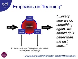 Emphasis on “learning” “… every time we do something again, we should do it better than the last time… ” Goals Results Activities External networks; Colleagues; Information assets; Own knowledge www.odi.org.uk/RAPID/Tools/Toolkits/KM/Index.html Learn during Learn after Learn before 