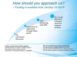 How should you approach us? 
– Funding is available from January 1st 2015! 
Pre-submisison 
discussion 
Submission of 
application 
through Tekes 
portal 
Joint 
processing 
with MFA 
Go / no-go 
decission, 
fudning + 
access to 
program 
services 
Please consider these before applying: 
Societal need to be solved in partner country? 
Key partners also in target country? 
Roadmap for ecosystem-building or scalability? 
We will consider these during assessments: 
Funding level and suitable funding instrument? 
Are key partners involved/is there a viable roadmap? 
Can we forsee impacts in Finland and partner countries? 
 