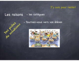 Des
pistes
d
e
so
lutio
n
s
Les raisons - les collègues
- Tournez-vous vers vos élèves
J’y suis pour rester!
 