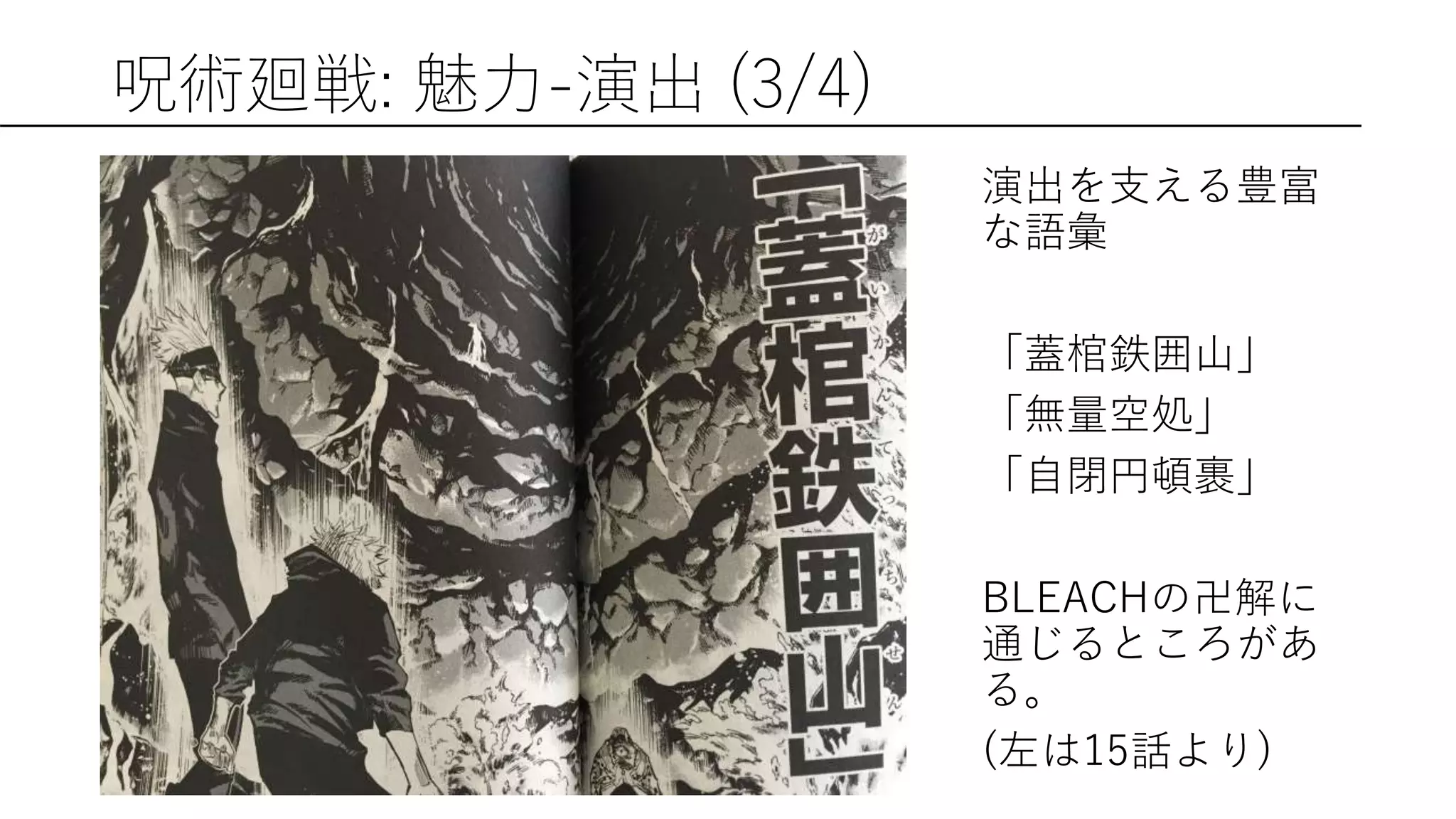 呪術廻戦: 魅力-演出 (3/4)
演出を支える豊富
な語彙
「蓋棺鉄囲山」
「無量空処」
「自閉円頓裹」
BLEACHの卍解に
通じるところがあ
る。
(左は15話より)
 