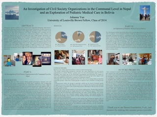 An Investigation of Civil Society Organizations in the Communal Level in Nepal 
                                                 and an Exploration of Pediatric Medical Care in Bolivia  
                                                                                                                                           

                                                                                                         Johanna Yun 
                                                                                     University of Louisville Brown Fellow, Class of 2014
                                  ABSTRACT:!                                                   RESULTS:!                                                                                                                          PART II:!
During the summer months of 2012, I lived a most opportune adventure, from which I
received an education beyond the limits of my home in Kentucky. In May, I traveled to                                                                                                                      An Exploration of Pediatric Medical Care in Bolivia"
Sarangkot, Nepal, where I lived in the village with a family in order to conduct social                                                                                                       "
research for the NGO Volunteer Aid Nepal. Through prior training and the                                                                                                                      The Movimiento Sonrisa internship allowed me a grand opportunity to see the internal
cooperative work with an interpreter, I interviewed villagers from various local                                                                                                              work of pediatric care at Hospital Viedma. Unlike my experience in Nepal, I had the
volunteer organizations in order to study how their village groups functioned and                                                                                                             advantage of having the ability to communicate with the Bolivian people. In order to
contributed to the development of their society. Following a month s stay in Nepal, I                                                                                                         improve and practice my language skills, I lived with a Bolivian family while attending
jaunted to Cochabamba, Bolivia. As a student, I attended classes daily at Sustainable                                                                                                         classes every morning. In the afternoon, I worked with children who were recovering
Bolivia, taking advantage of the one-on-one classes provided. With my improved                                                                                                                from surgery or awaiting operations. I frequently visited the general surgical unit and
language skills, I applied them as I worked as an intern for Movimiento Sonrisa in the                                                                                                        the burned victims unit to introduce fun and interactive craft projects to inspire
pediatric unit of Hospital Viedma. Prior to the trip, I organized and packaged arts and                                                                                                       creativity. I brought canvas backpacks, fabric markers, pencil cases, journals and more.
crafts to take to the children. With the supplies, I taught art projects to the children, at                                                                                                  I believed that if the children could functionally use the materials that they crafted for
their bedside, or in the post-op lobby. During my internship, I lived with a wonderful                                                                                                        educational purposes, they would be motivated to learn as well as create art. Working
host family, the Rameros. Every single day was a blessing and a rewarding experience to                                                                                                       at the hospital increased my enthusiasm for my medical career path in public health, as
learn from. !                                                                                                                                                                                 well as teaching others.!
                                                                                                                                                                                                  !




                                                                                               CONCLUSIONS:!
                                                                                               Based on case studies and surveys from a total of 25 interviewed groups:!
                                                                                               -The female membership population overrides the male population in civil society
                                                                                                                                                                                                                      FUTURE PROJECTS:!
                                      PART I: !                                                organizations as a whole. Women s groups seem to be the most populous type of CSO in
                                                                                                                                                                                              I have remained in touch with my friends in Sarangkot and plan to return to Nepal
                                                                                                                                                                                              next summer, but with something more than my completed research paper. Based on
 An Investigation of Civil Society Organizations in the Communal Level in                      Sarangkot, most likely due to the democratic development and movement for women as             the results I discovered from my research, I plan to create a women s scholarship fund
                                    Nepal"                                                     well as their marginalized position in society. Children and youth groups often support each
                                                                                                                                                                                              for Sarangkot in order to educate and increase the health and well-being of females in
                                                                                               other and collaborate with women s groups for community projects.!
!                                                                                              -Although there are few Dalit members in the CSOs, they are becoming widely accepted by
                                                                                                                                                                                              the community. I developed a strong relationship with the women there and I intend
                                                                                                                                                                                              to strengthen that bond by helping to develop their community and contributing to
BACKGROUND:!                                                                                   community groups. Dalits have formed groups to improve their standards of living in the
                                                                                                                                                                                              their life work for their abundant kindness.!
In society, there are three sectors, which include government, business, and civil             village.!                                                                                      My experience in Cochabamba, Bolivia equally left a deep impression on me. The week
societies. Civil society organizations (or CSOs) play a signiﬁcant role in supporting          -Communication within the groups is generally carried out by word of mouth, mostly
                                                                                                                                                                                              before I left Bolivia, I involved the children in a project, which I named the Hands of
democracy and provide an opportunity for communities with diverse ethnic, religious,           through the secretary of the club. Policies or rules are created by the members and enforced
                                                                                                                                                                                              Hope Project. Taking the handprints of the children using ﬁnger paint, each child from
cultural, and racial identities to come to a common ground and work together. Prior to         by the president, or members with a leadership position. Meetings to discuss issues are held
                                                                                                                                                                                              the pediatrics ward stamped his or her hand onto a piece of cloth to be sewn onto
1990, the Nepalese government existed as an autocratic political regime that                   monthly, usually at home.!
                                                                                                                                                                                              artisan crafts that I purchased in the city. I will be selling these crafts with the
discouraged the registration of civil society organizations and did not protect freedoms       -Although there are growing numbers of civil society organizations, membership capacities      handprints in hopes of raising awareness and money for the children who cannot aﬀord
of speech and association. In 1990, the democratic movement of Nepal overthrew the             of particularly female groups are largely limited by lack of ﬁnancial support. While forest
                                                                                                                                                                                              operations (which is a greater number of patients than one would expect). I also left
autocratic regime and established the Constitution of the Kingdom of Nepal, which              user groups and internationally supported groups can collect steady funding, most female
                                                                                                                                                                                              supplies and instructions for the next volunteer from the Movimiento Sonrisa
guaranteed freedom of speech, assembly, respect for the International Declaration of           organizations do not have ﬁnancial support. Many women s and mother groups use
                                                                                                                                                                                              internship to do the same and to continue to spread the fundraising project. I hope to
Human Rights and other International Covenants that were important for the growth              indigenous knowledge, such as basket weaving, farming training, and cultural programs, to
                                                                                                                                                                                              also return to Bolivia to maintain the progress of the Hands of Hope project. To see a
of civil societies in Nepal. Civil societies experienced a sudden emergence and                collect money for their purposes. !
                                                                                                                                                                                              mini-video clip of the project pictures, search YouTube The Hands of Hope Project or
development. As of now, there is little known about how civil society organizations are        -The main issues hindering the growth of CSOs include lack of ﬁnancial support, lack of
                                                                                                                                                                                              El Proyecto de Las Manos de Esperanza. Improvements to the project are still being
functioning in the local level. Since the current trend of the non-proﬁt world is to work      education, and lack of time commitment (since most of the villagers are farmers). Although     made. !
from the grassroots upward and there are large democratic movements in the                     the VDC supports CSOs that are registered, which is more than half of the groups, 92% of
formation of the constitution, I focused on the study of functioning civil society             groups maintain that the funds are not suﬃcient enough and hence, do not consider its
organizations and how they are currently transforming village societies. With my               support as signiﬁcant ﬁnancial aid.!
previous background knowledge of democratic movements in Southeast Asia, my                    -Societal perspectives on CSOs in Sarangkot are almost unanimously positive. Individual
academic interest in Anthropology, and non-proﬁt work, I decided to utilize this               surveys show that volunteer work is an essential part of their village s development and has       Thank you to the Brown Foundation, UofL, and
program as a method of gaining research experience in social work.!                            improved the cultural acceptance of advocacy for marginalized groups and cultural
                                              !                                                reformation. !                                                                                     mentors for making this summer project possible.!
                                              !                                                                                                                                               !
 