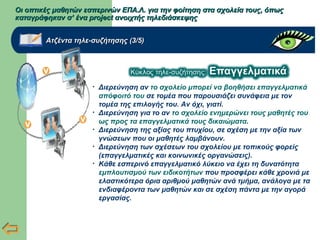 Οι οπτικές μαθητών εσπερινών ΕΠΑ.Λ. για την φοίτηση στα σχολεία τους, όπωςΟι οπτικές μαθητών εσπερινών ΕΠΑ.Λ. για την φοίτηση στα σχολεία τους, όπως
καταγράφηκαν σ’ ένα project ανοιχτής τηλεδιάσκεψηςκαταγράφηκαν σ’ ένα project ανοιχτής τηλεδιάσκεψης
Ατζέντα τηλε-συζήτησης (3/5)Ατζέντα τηλε-συζήτησης (3/5)
• Διερεύνηση αν το σχολείο μπορεί να βοηθήσει επαγγελματικά
απόφοιτό του σε τομέα που παρουσιάζει συνάφεια με τον
τομέα της επιλογής του. Αν όχι, γιατί.
• Διερεύνηση για το αν το σχολείο ενημερώνει τους μαθητές του
ως προς τα επαγγελματικά τους δικαιώματα.
• Διερεύνηση της αξίας του πτυχίου, σε σχέση με την αξία των
γνώσεων που οι μαθητές λαμβάνουν.
• Διερεύνηση των σχέσεων του σχολείου με τοπικούς φορείς
(επαγγελματικές και κοινωνικές οργανώσεις).
• Κάθε εσπερινό επαγγελματικό λύκειο να έχει τη δυνατότητα
εμπλουτισμού των ειδικοτήτων που προσφέρει κάθε χρονιά με
ελαστικότερα όρια αριθμού μαθητών ανά τμήμα, ανάλογα με τα
ενδιαφέροντα των μαθητών και σε σχέση πάντα με την αγορά
εργασίας.
 