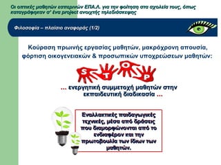 Οι οπτικές μαθητών εσπερινών ΕΠΑ.Λ. για την φοίτηση στα σχολεία τους, όπωςΟι οπτικές μαθητών εσπερινών ΕΠΑ.Λ. για την φοίτηση στα σχολεία τους, όπως
καταγράφηκαν σ’ ένα project ανοιχτής τηλεδιάσκεψηςκαταγράφηκαν σ’ ένα project ανοιχτής τηλεδιάσκεψης
Κούραση πρωινής εργασίας μαθητών, μακρόχρονη απουσία,
φόρτιση οικογενειακών & προσωπικών υποχρεώσεων μαθητών:
Φιλοσοφία – πλαίσιο αναφοράς (1/2)Φιλοσοφία – πλαίσιο αναφοράς (1/2)
…… ενεργητική συμμετοχή μαθητών στηνενεργητική συμμετοχή μαθητών στην
εκπαιδευτική διαδικασίαεκπαιδευτική διαδικασία ……
Εναλλακτικές παιδαγωγικέςΕναλλακτικές παιδαγωγικές
τεχνικές, μέσα από δράσειςτεχνικές, μέσα από δράσεις
που διαμορφώνονται από τοπου διαμορφώνονται από το
ενδιαφέρον και τηνενδιαφέρον και την
πρωτοβουλία των ίδιων τωνπρωτοβουλία των ίδιων των
μαθητών.μαθητών.
Εναλλακτικές παιδαγωγικέςΕναλλακτικές παιδαγωγικές
τεχνικές, μέσα από δράσειςτεχνικές, μέσα από δράσεις
που διαμορφώνονται από τοπου διαμορφώνονται από το
ενδιαφέρον και τηνενδιαφέρον και την
πρωτοβουλία των ίδιων τωνπρωτοβουλία των ίδιων των
μαθητών.μαθητών.
 