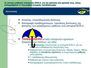  Ανοικτός, εποικοδομητικός διάλογος.
 Καταγραφή προβληματισμών, προτάσεις βελτίωσης της
φοίτησης των εργαζόμενων μαθητών στα εσπερινά ΕΠΑ.Λ.
 ΤΗΛΕΔΙΑΣΚΕΨΗ μεταξύ εσπερινών σχολείων
διαφορετικών πόλεων, ως εξής:
 Ο συντονιστής επικοινώνησε με εσπερινά ΕΠΑ.Λ. για την
εκδήλωση ενδιαφέροντος συμμετοχής τους,
 Καθορίστηκαν οι συμμετοχές (Ιωάννινα, Λάρισα, Σέρρες, Αθήνα,
Καβάλα), οι υπεύθυνοι σχολείων, οι συμμετέχοντες μαθητές
(ανά σχολείο),
 1η
τηλεδιάσκεψη (δοκιμαστική),
 Καθορίστηκε ατζέντα τηλε-συζήτησης,
 Καταγράφηκαν συμπεράσματα στην τελική τηλεδιάσκεψη.
Οι οπτικές μαθητών εσπερινών ΕΠΑ.Λ. για την φοίτηση στα σχολεία τους, όπωςΟι οπτικές μαθητών εσπερινών ΕΠΑ.Λ. για την φοίτηση στα σχολεία τους, όπως
καταγράφηκαν σ’ ένα project ανοιχτής τηλεδιάσκεψηςκαταγράφηκαν σ’ ένα project ανοιχτής τηλεδιάσκεψης
ΣυνιστώσεςΣυνιστώσες
 
