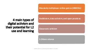 4 main types of
digital activism and
their potential for L2
use and learning
Massively multiplayer online games (MMOGs)
Ha...
