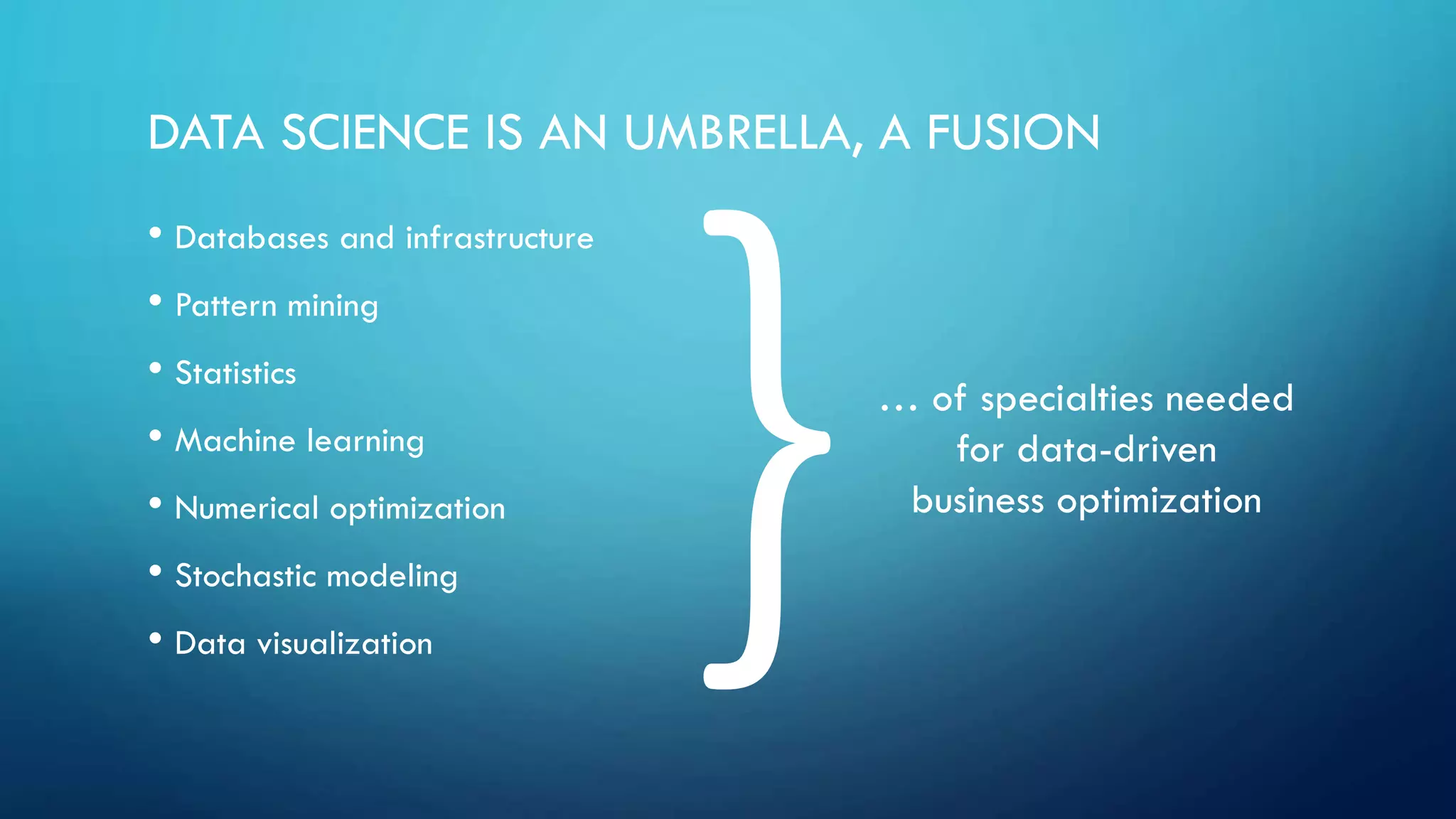 DATA SCIENCE IS AN UMBRELLA, A FUSION
• Databases and infrastructure
• Pattern mining
• Statistics
• Machine learning
• Numerical optimization
• Stochastic modeling
• Data visualization
… of specialties needed
for data-driven
business optimization
 