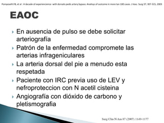 En ausencia de pulso se debe solicitar
arteriografía
 Patrón de la enfermedad compromete las
arterias infrageniculares
 La arteria dorsal del pie a menudo esta
respetada
 Paciente con IRC previa uso de LEV y
nefroproteccion con N acetil cisteina
 Angiografía con dióxido de carbono y
pletismografia
Pomposelli.FB, et al : A decade of experiencience with dorsalis pedís artery bypass: Analisys of outcome in more tan 100 cases. J Vasc. Surg 37; 307-315, 2003
 