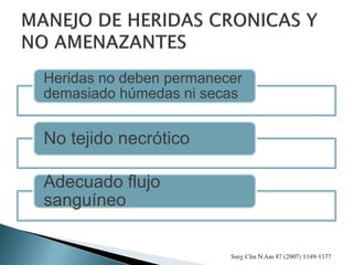Heridas no deben permanecer
demasiado húmedas ni secas
No tejido necrótico
Adecuado flujo
sanguíneo
 