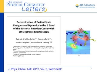 Determination of Excited-State
    Energies and Dynamics in the B Band
    of the Bacterial Reaction Center with
         2D Electronic Spectroscopy

         Gabriela S. Schlau-Cohen†§, Eleonora De Re‡§,
        Richard J. Cogdell||, and Graham R. Fleming*†‡§
    †Department   of Chemistry and ‡Graduate Group in Applied Science and
    Technology, University of California − Berkeley, Berkeley, California, United
    States
    § Physical Biosciences Division, Lawrence Berkeley National Lab, Berkeley,

    California, United States
    ||University of Glasgow, Glasgow, United Kingdom

    *grfleming@lbl.gov




J. Phys. Chem. Lett. 2012, Vol. 3, 2487-2492                                        1
 