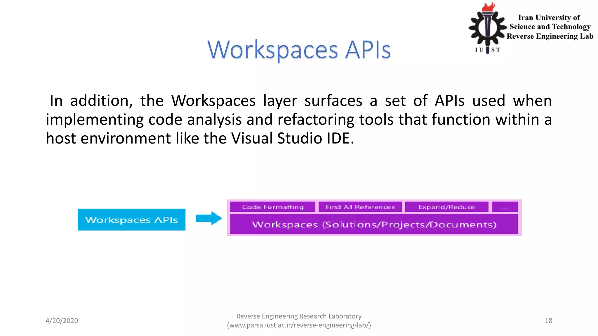 Workspaces APIs
In addition, the Workspaces layer surfaces a set of APIs used when
implementing code analysis and refactoring tools that function within a
host environment like the Visual Studio IDE.
4/20/2020
Reverse Engineering Research Laboratory
(www.parsa.iust.ac.ir/reverse-engineering-lab/)
18
 